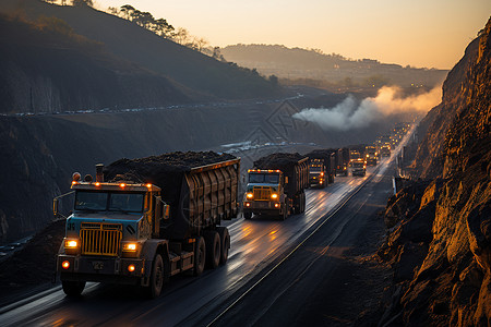 煤尘卡车沿着山路蜿蜒行驶背景
