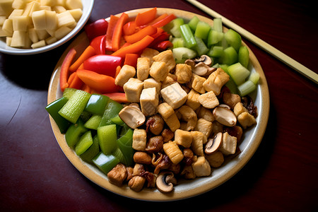 素菜与豆腐搭配的一盘美食背景图片