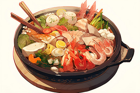 锅里蔬菜纯色背景下的一锅食物插画