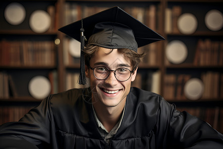 优秀毕业生在书架前自信微笑背景