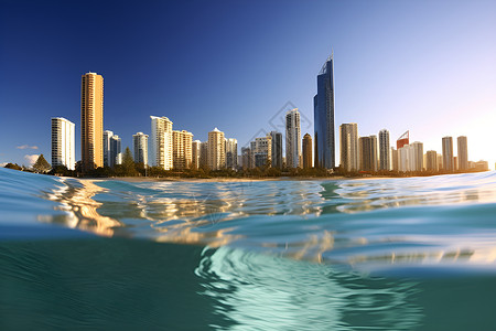 水中映照的城市背景图片