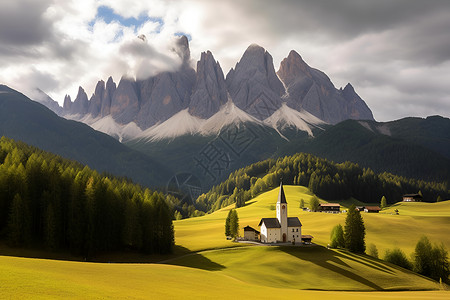山脉中的教堂背景图片