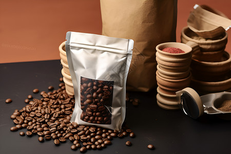 咖啡豆布袋包装一包咖啡豆背景