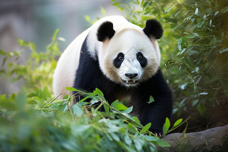 可爱的植物大熊猫在森林中行走背景