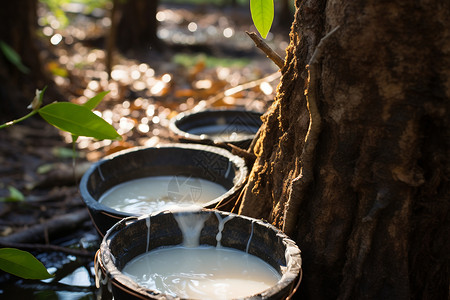 乳胶原料大树旁的桶背景