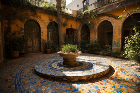 彩砖彩色地砖喷泉庭院背景