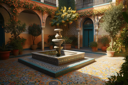 彩砖庭院里的喷泉背景