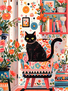 花墙书屋中的黑猫背景图片