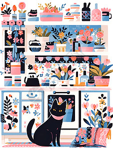 窗前花香黑猫背景图片