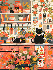 黑猫和艳丽厨房背景图片
