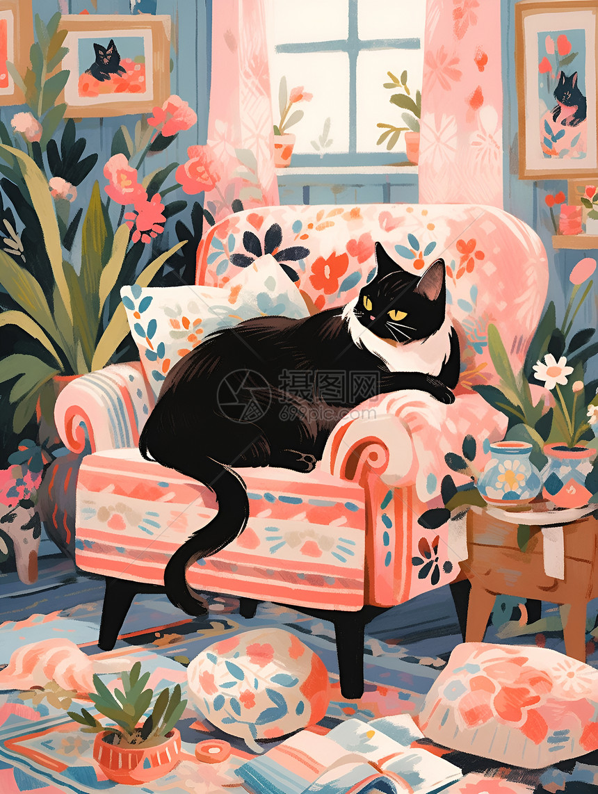 花墙中的黑猫图片