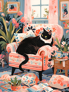 纸壳家具素材花墙中的黑猫插画