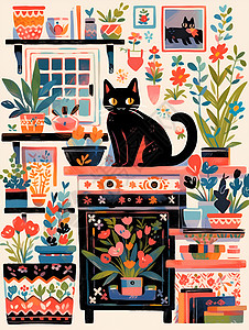 花园家具猫咪与窗边花园插画
