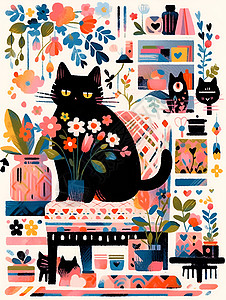 花墙纸猫与花卉插画