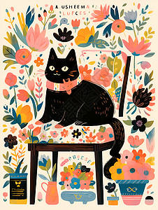 花墙纸小猫坐在椅子上插画