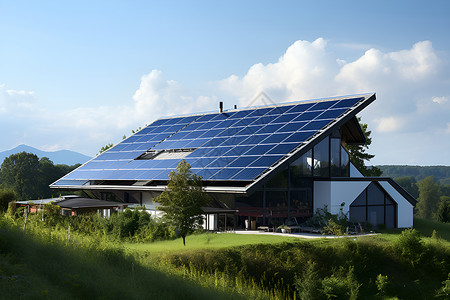 太阳能板在房顶上背景图片