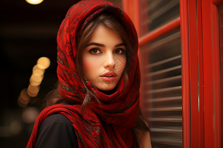 红色披肩红色头巾下的女子背景