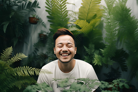 大白牙幸福的男人在绿色植物旁边背景