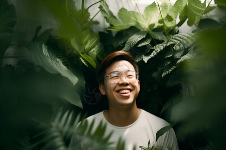 大白牙欢乐的男子与绿色植物背景