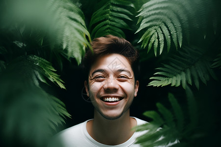 大白牙快乐的男人在绿色植物旁边背景