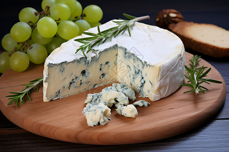 铜钱纹醇香蓝纹奶酪与鲜嫩葡萄的结合背景
