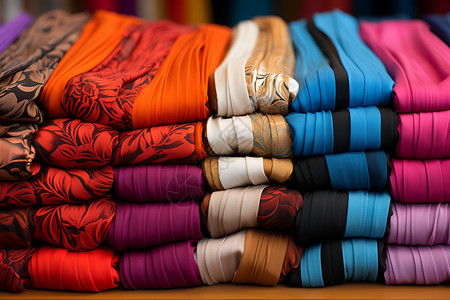 彩色丝绸背景丝绸堆叠在桌上背景