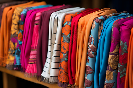 彩色丝绸背景一排五颜六色的丝巾背景