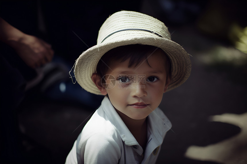 小男孩戴着白色帽子图片