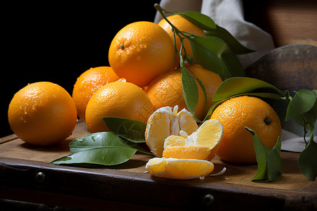 熟透的柑橘在木质桌子上背景图片