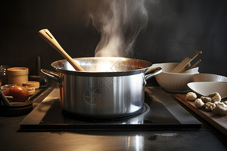 炉灶上正在烹饪的食物高清图片