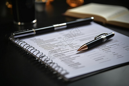 用人申请表桌子上有一个钢笔和笔记本背景