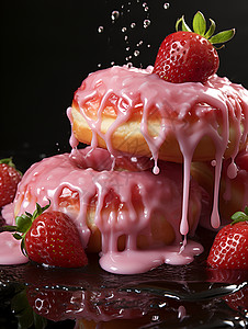 美味的草莓糖霜甜甜圈高清图片