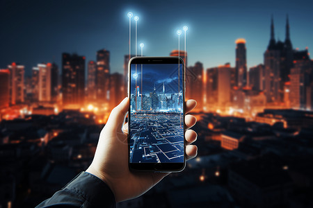 一个人手持手机在城市背景前背景图片