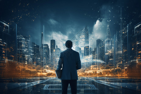 电子屏前男士男人站在城市天际线前设计图片
