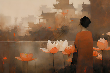 花朵和城市景观中的少女背景图片