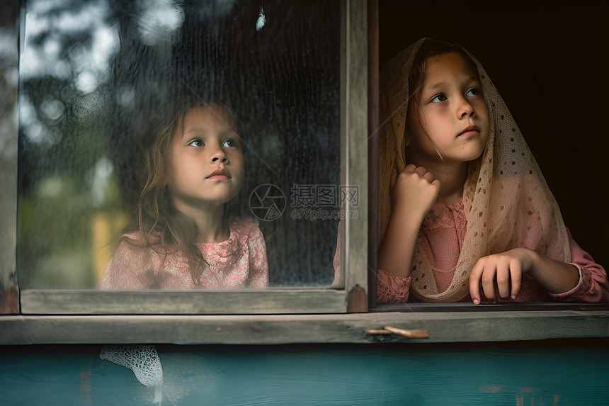 窗前可爱的两个小女孩图片