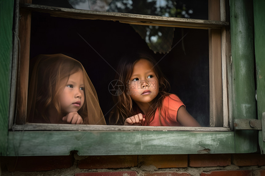 窗前可爱的小女孩图片