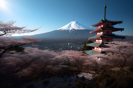 夕阳下富士山夕阳下的樱花树背景