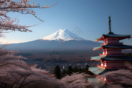 富士山下的樱花树背景图片