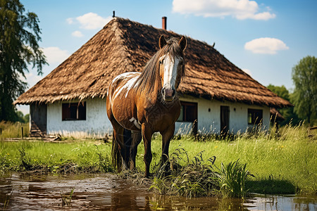 草原上的马和木屋背景图片