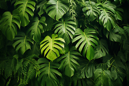 热带绿叶绿色丛林中的树叶背景