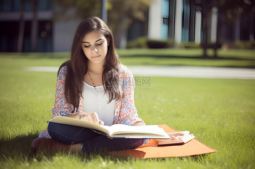女孩在草坪上阅读图片