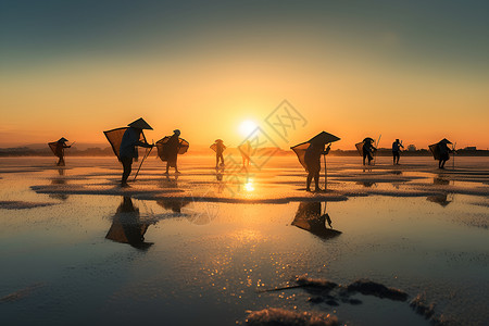 夕阳下海滩上的渔民背景图片