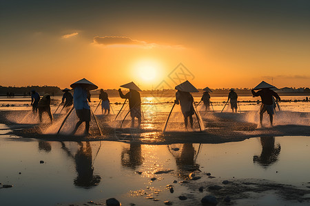 夕阳时海边的渔民背景图片