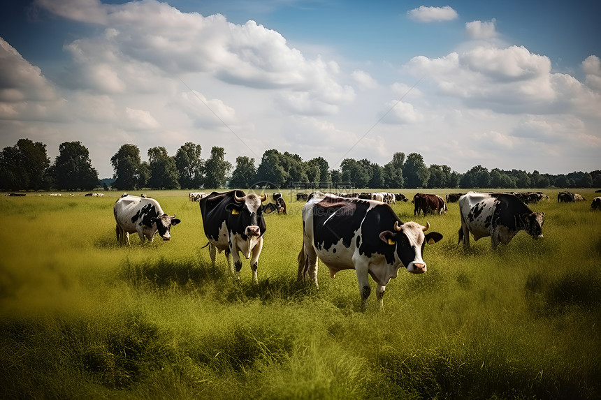 绿色田野中放牧的牛群图片