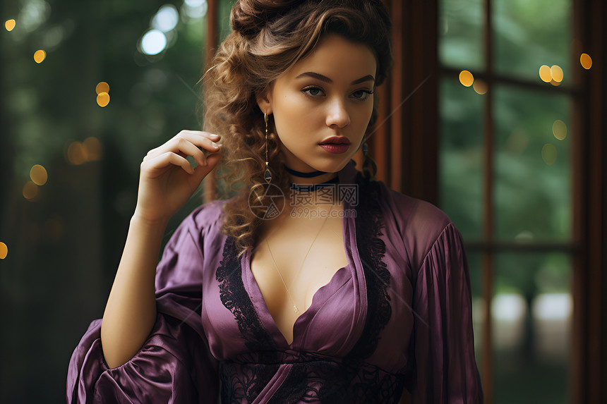 紫色睡衣的漂亮女性图片