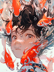 游泳的小鱼和男孩背景图片