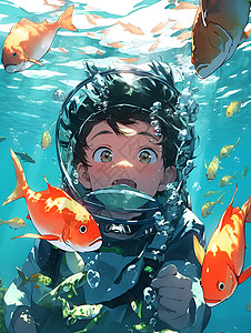 水流中孩子游泳的可爱男孩插画