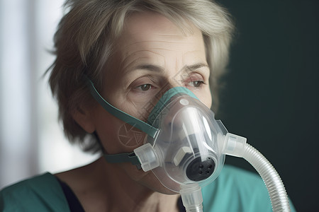 戴着呼吸面罩的老奶奶背景图片