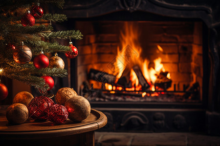 室内炉火旁边的圣诞树背景图片